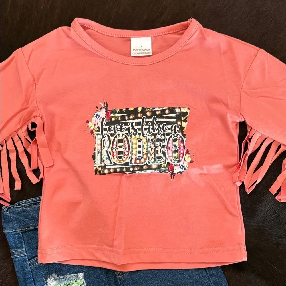 Fringe Sleeve Top and Distressed Jeans Set